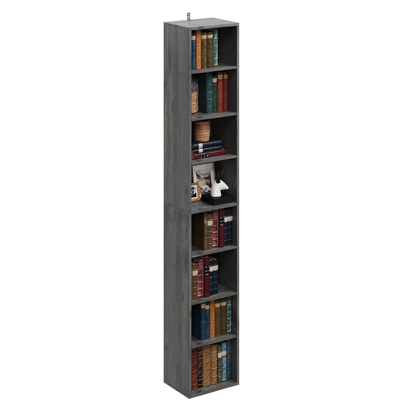 Narrow Design Storage,8-layer Thin High Bookcase With Open Adjustable Shelves,cube Display Rack, Charcoal Gray