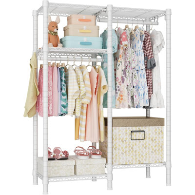 F1 Garment Rack For Kids, Baby, Students, And Children's Room, 4 Tiers Freestanding And Portable Heavy Duty Closets, Small Metal Clothes Rack With 2 Hanging Rod, 31.2" W X 11.8" D X 48" H, White