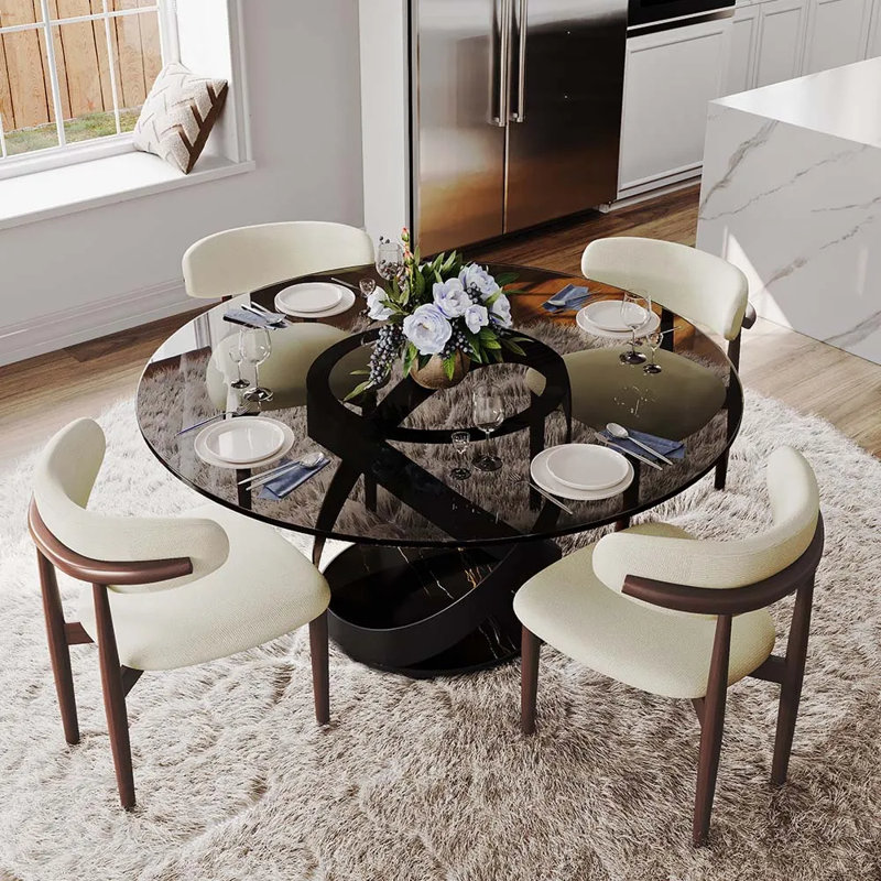  Modern Round Dining Table for 4-6 with Tempered Glass Tabletop, Carbon Steel Base Pre-Assembly, 29.53"H x 51.18"L x 51.18"W