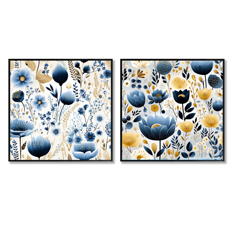 Avera - Ensemble de 2 collages carrés botaniques abstraits, Cadre flottant noir, H 16 po x l 33 po