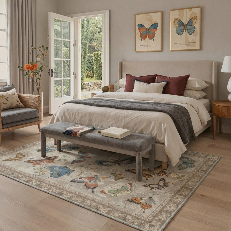 Adonis Aura Floral Butterflies Machine Washable Beige / Brown Indoor Area Rug with Non-Slip Backing, Rectangle 8' x 10'