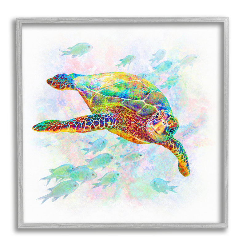 Kaleidoscopic Sea Turtle Speckled Rainbow Fish, giclée, ensemble d'art texturé par Michael Shelton, L 17 po x H 17 po