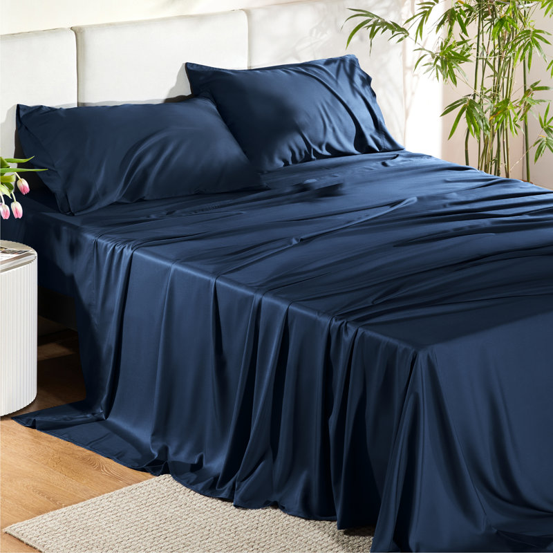 Essential Collection Cooling Rayon Derived from Bamboo Sheet Set, Navy, Full Sheet Set with 2 Pillowcases