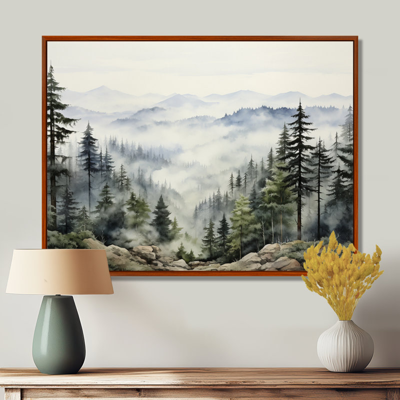 «Pine Tree Misty Mountain I», art sur toile de pin, Reproduction avec cadre flottant, H 34 po x l 44 po, Brun