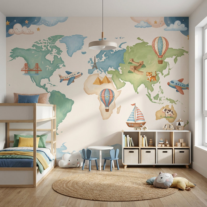 Papier peint carte du monde ballon avion, 140" x 108", Peler et coller