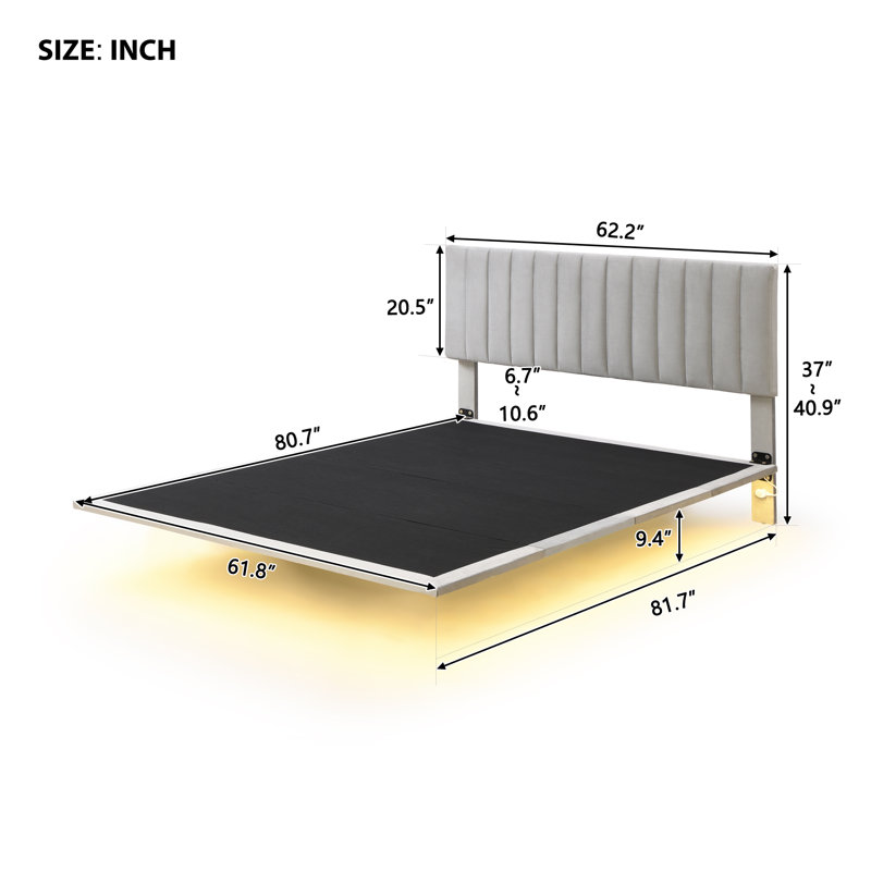 Queen Size Floating Bed Frame with Motion Activated Night Lights, Grey