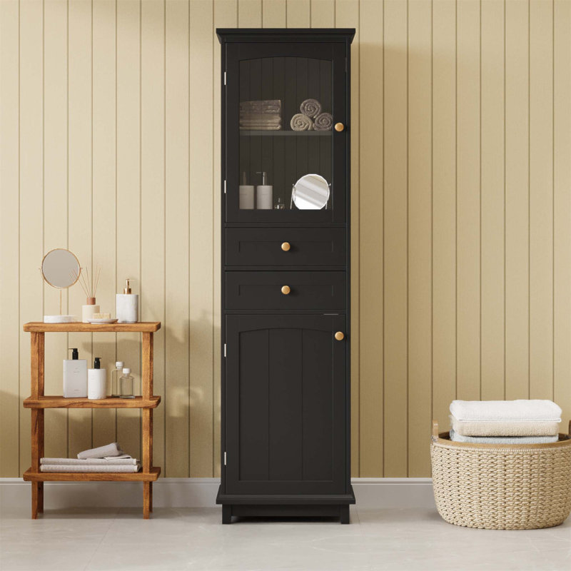 Tall Bathroom Storage Cabinet With Glass Doors, Free-Standing, Elegant And Spacious For Modern Interiors, Gray