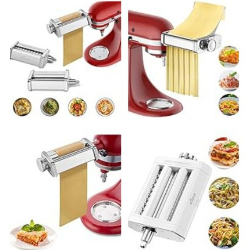 Gvode 3-in-1 Pasta Attachment Compatible with KitchenAid® All-Metal Roller & Cutters, Cleaning Brush