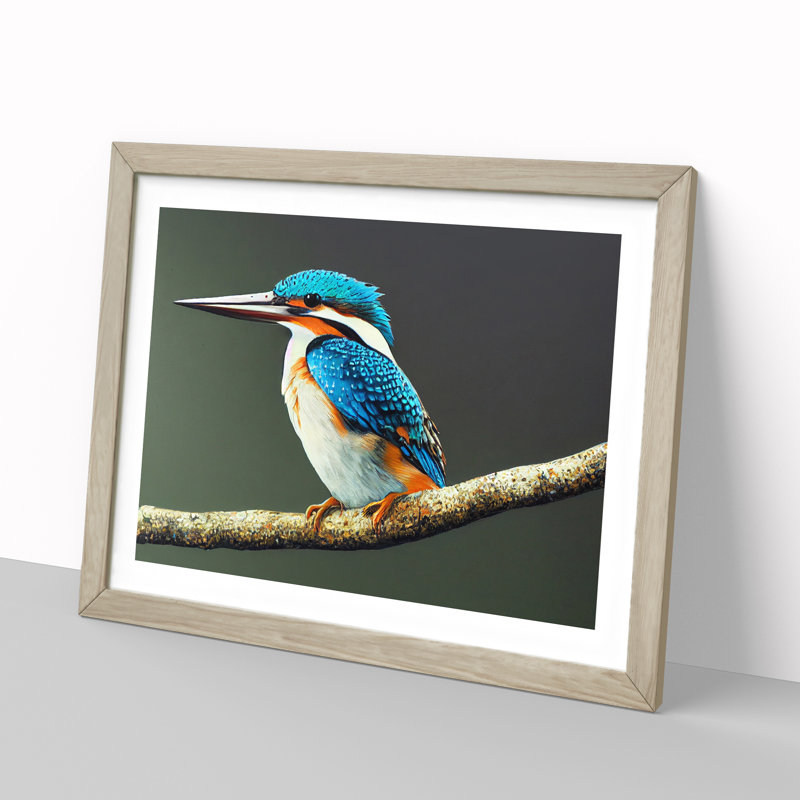 Captivating Kingfisher Bird - Single Picture Frame Print, Oak, 34cm H x 46cm W x 2cm D