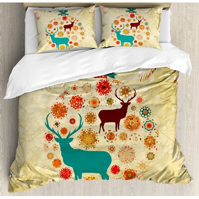 Christmas Reindeer and Snowflakes in Abstract Balls Ornament Vintage Paper Art Image Duvet Cover Set -  Ambesonne, nev_19388_king