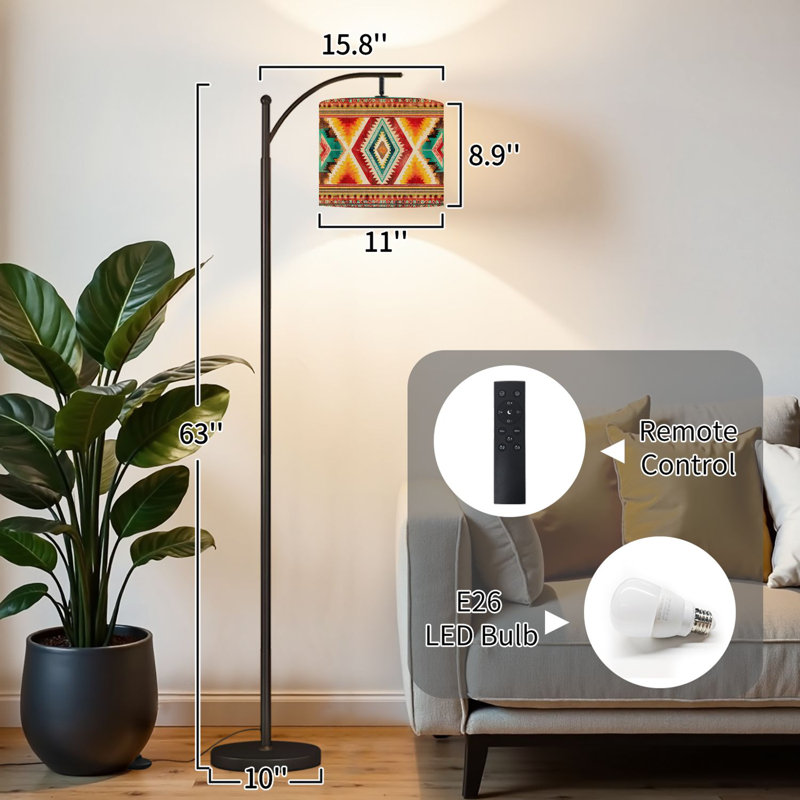 Lampe sur pied à arc avec abat-jour réglable Ornement amérindien à motif géométrique en tissu d'ethnie amérindienne à 3 températures de couleur à intensité variable avec interrupteur au pied pour chambre à coucher
