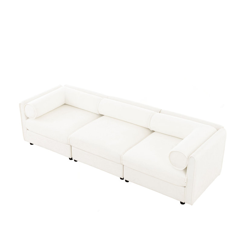 Elegant White Chenille  Sofa With Storage Seat, Cylindrical Backrest And Armrests, Contemporary 3-Seater Fabric Couch With Hidden Storage Compartment