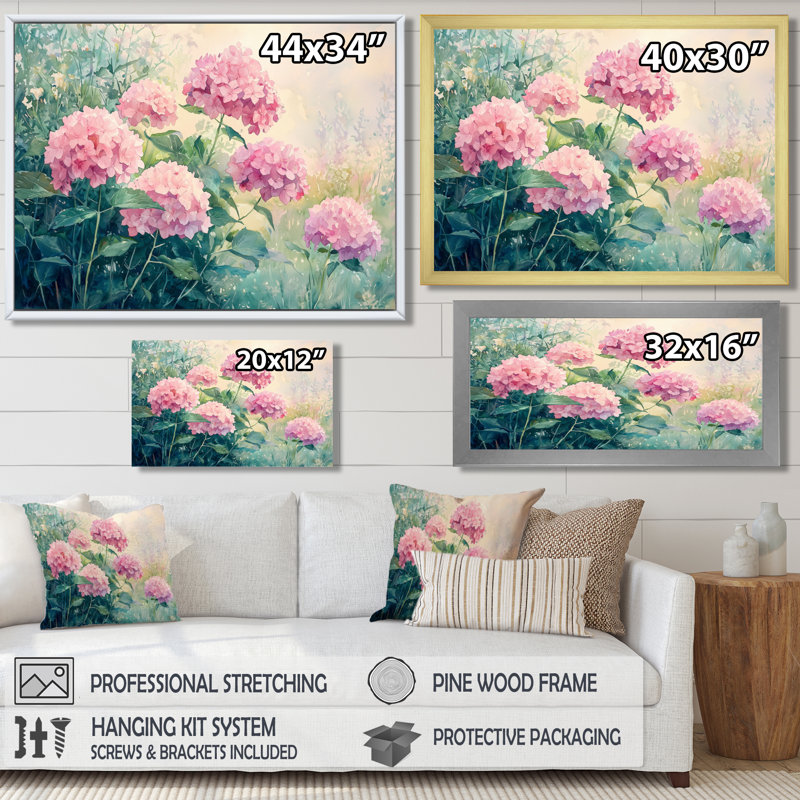 Hortensias dans un pré d'été I - hydrangées, art mural large, Brun, H 12 po x l 20 po, Impression encadrée flottante