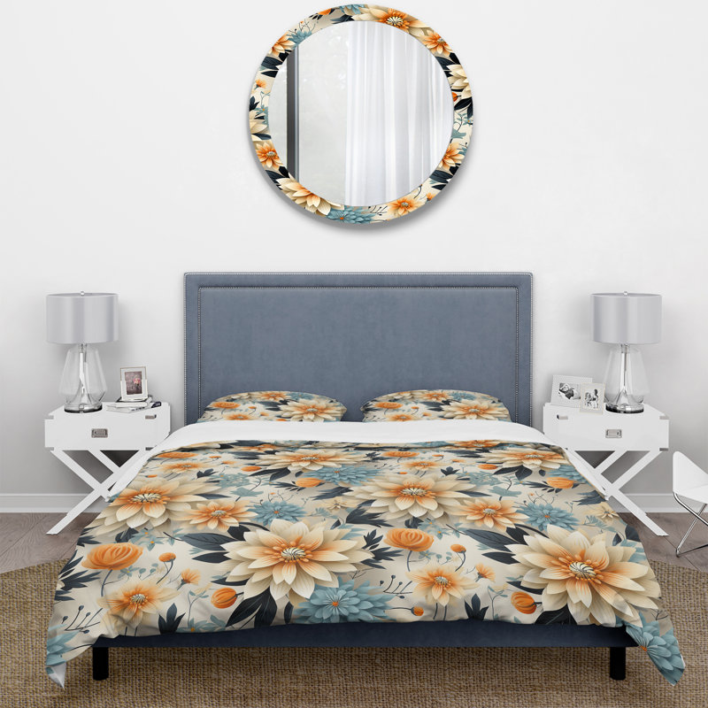 Ensemble de housse de couette floral bleu et beige, Housse de couette simple + 1 taie décorative stan