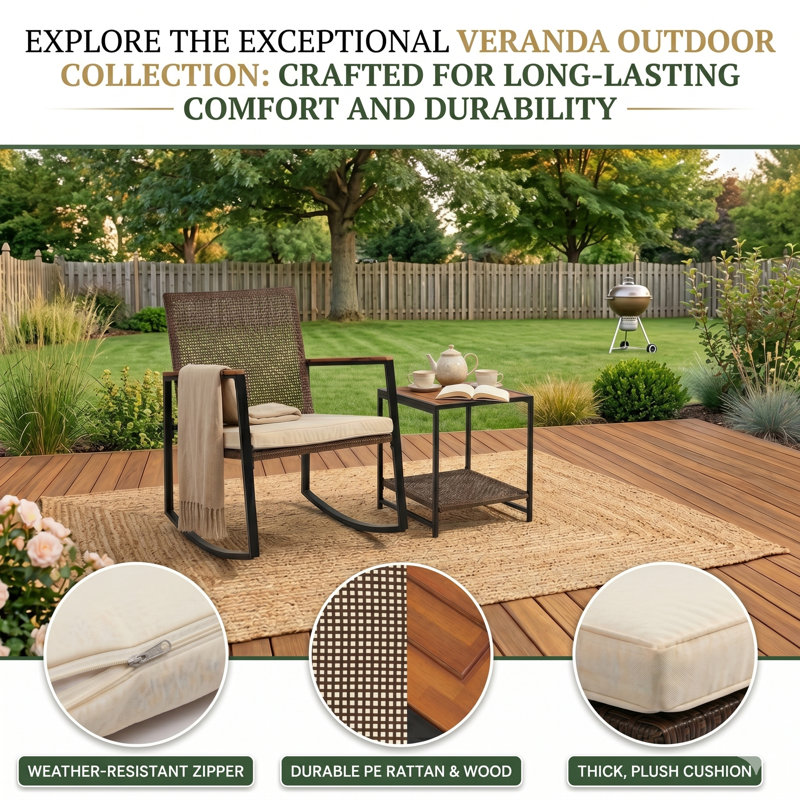 Vianna 3-Piece Outdoor Rocking Bistro Set - Set of 2 Patio Rocking Chairs with Cushion and Acacia Wood Coffee Table