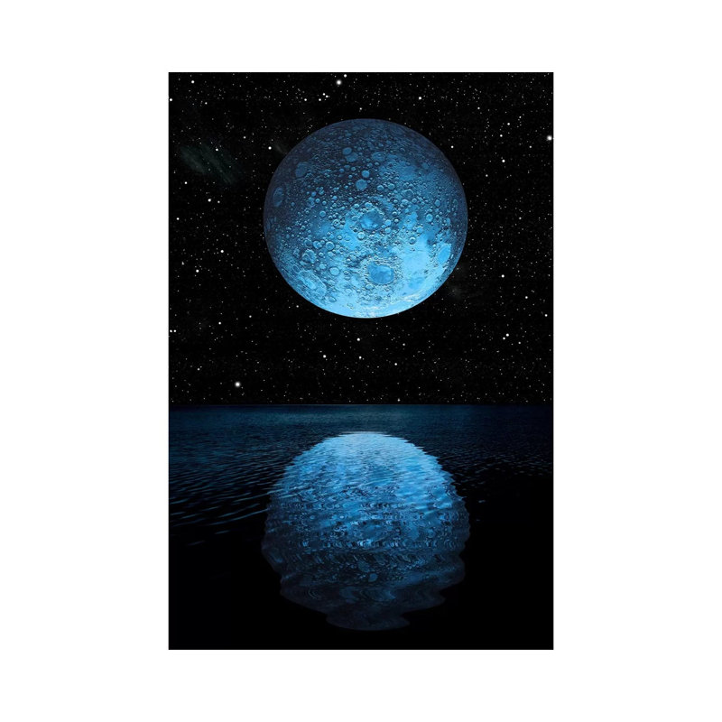 A Blue Moon Rising Over A Calm Alien Ocean With A Starry Sky As A Backdrop by Marc Ward - Wrapped Canvas Print