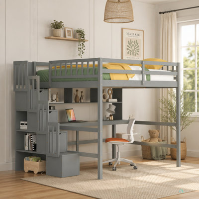 Lit mezzanine double avec bureau, tablettes de rangement et escalier