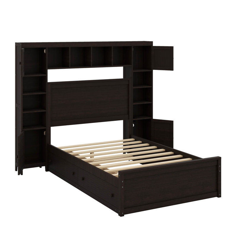 Lit double en bois avec armoire, tablette et prises, Espresso