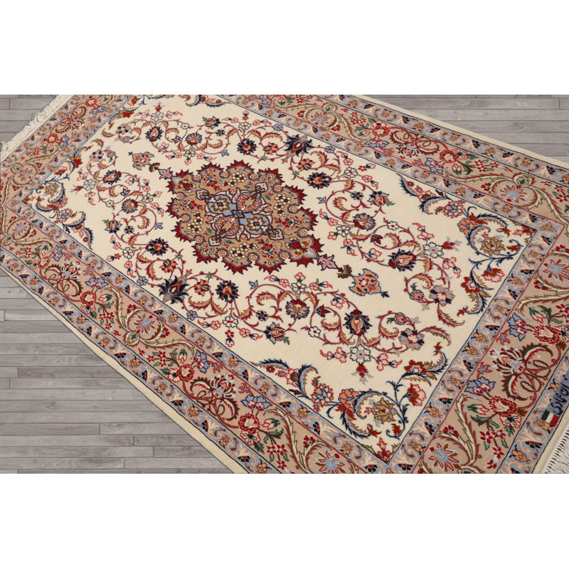 Tapis traditionnel 350 KPSI en laine et soie ivoire noué à la main 3 pi 7 po x 5 pi 4 po