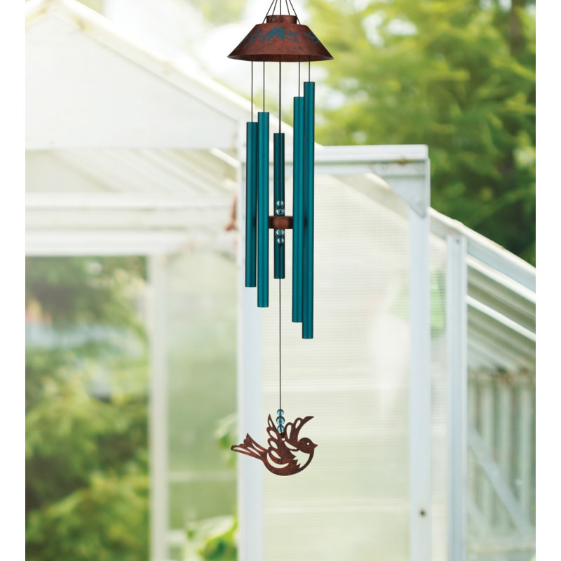 40" Bird Decorative Aluminum and Steel Outdoor Wind Chime with Teal Powder Coated Finish and Acrylic Accents