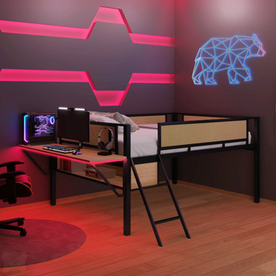 Lit mezzanine en métal avec bureau rectangulaire, lit double mezzanine avec tablettes de rangement, garde de sécurité et échelle