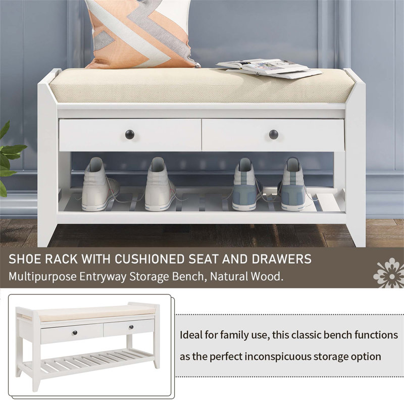 Shoe Rack With Cushioned Seat And Drawers, Multipurpose Entryway Storage Bench For Family Use, White