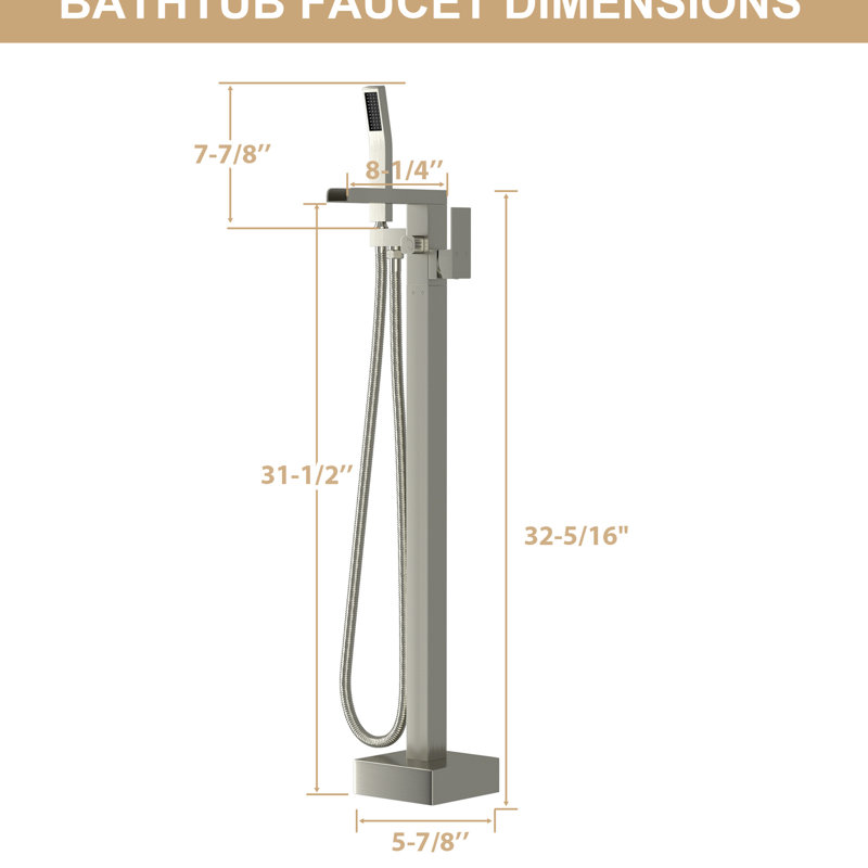 Freestanding Waterfall Bathroom Faucet, 360 Swivel Spout And Hand Shower, Dual Temperature, Brushed Nickel Brass Faucet With Tub Detachable Handheld, Rotatable, Temperature Control,