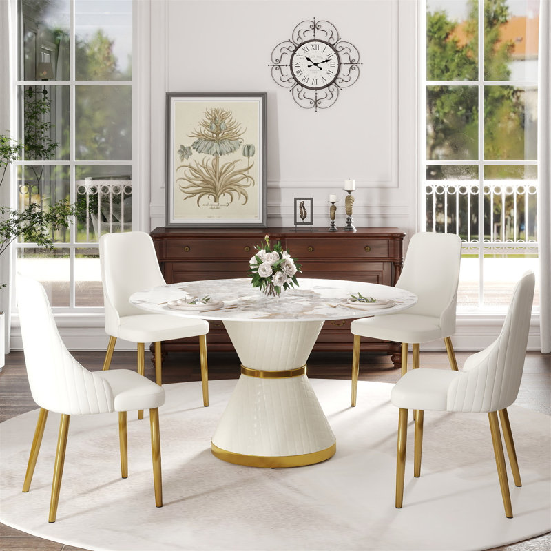 Table de salle à manger moderne en pierre artificielle ronde en acier au carbone noir pouvant accueillir 6 personnes (chaise non incluse)