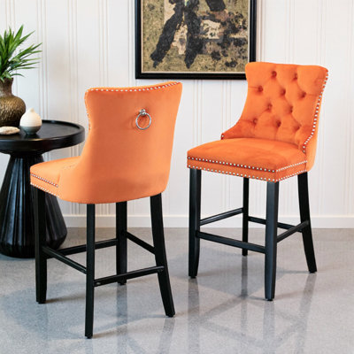 Modern Velvet Bar Stools Set of 2 Black Mid-Century Design Button Tufted Wood Legs Chrome Nailhead Trim