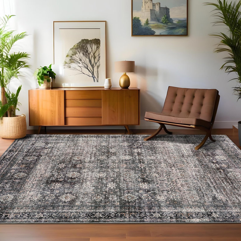 5'x7' Floral Printed Vintage Area Rug – Distressed Pattern Low Pile Carpet with Non-Slip Backing for Living Room, Office, Green Camel