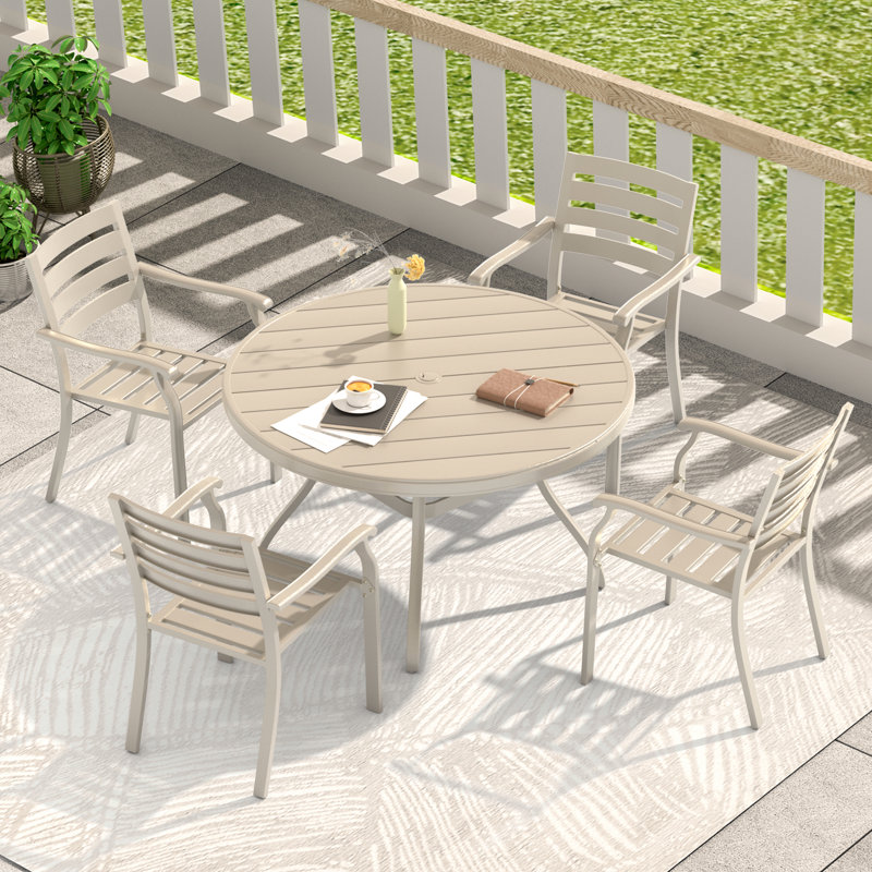 Outdoor 5 Pieces Dining Comprising 4 Stackable Metal Chairs And 40.6" Round Table, Adjustable Umbrella, Easy To Clean With Black Tabletop, Structure