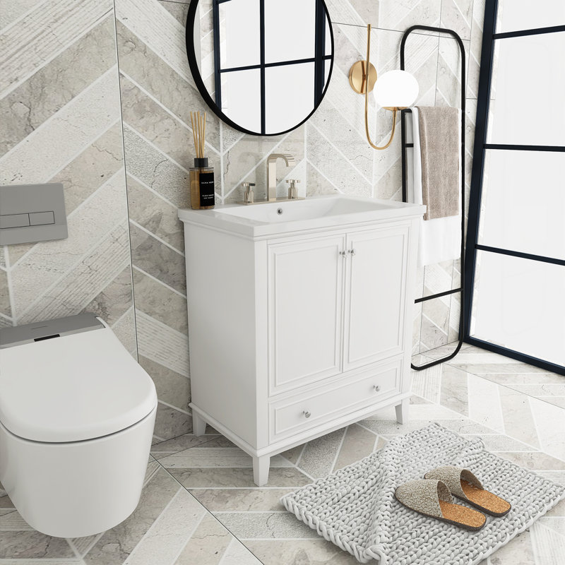 Meuble-lavabo sur pied simple 30 po avec plateau en céramique Mylla, Blanc