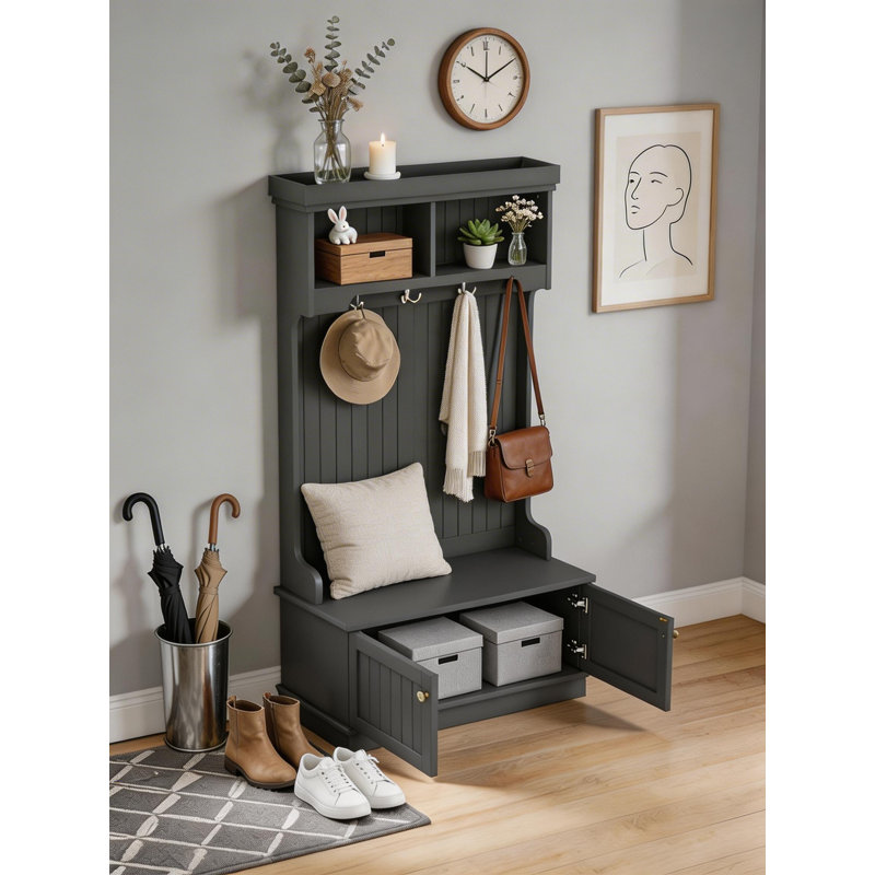 This Entryway Four-In-One Coat Rack With Storage And Shoe Bench Is A Simple Black Design With Hooks. It's Multifunctional And Practical, Suitable For The Living Room Or Entryway.