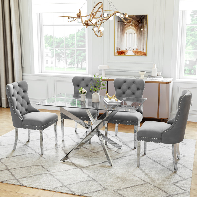 Modern Glass Dining Table Set For 4, 50" Rectangular Tempered Glass Dining Table With Velvet Upholstered Seats, Gray/Silver
