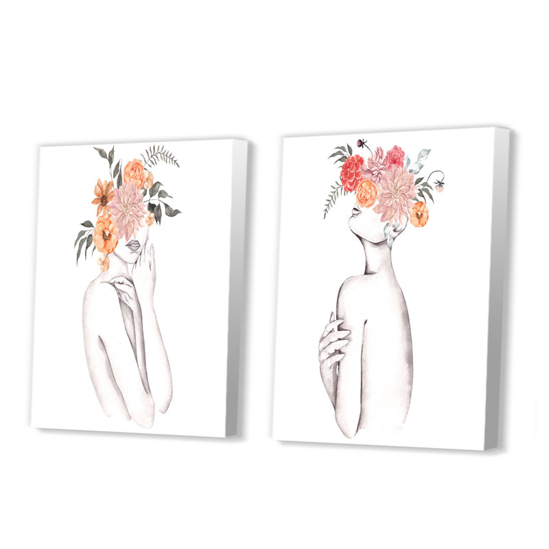 Silhouette de femme avec fleurs rouges et mauves, ensemble de 2 pièces glamour, H 36 po x l 48 po x P 1 po