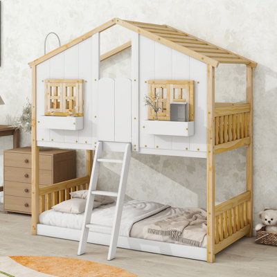 Twin Over Twin House Bunk Bed With Roof , Window, Window Box, Door , With Safety Guardrails And Ladder