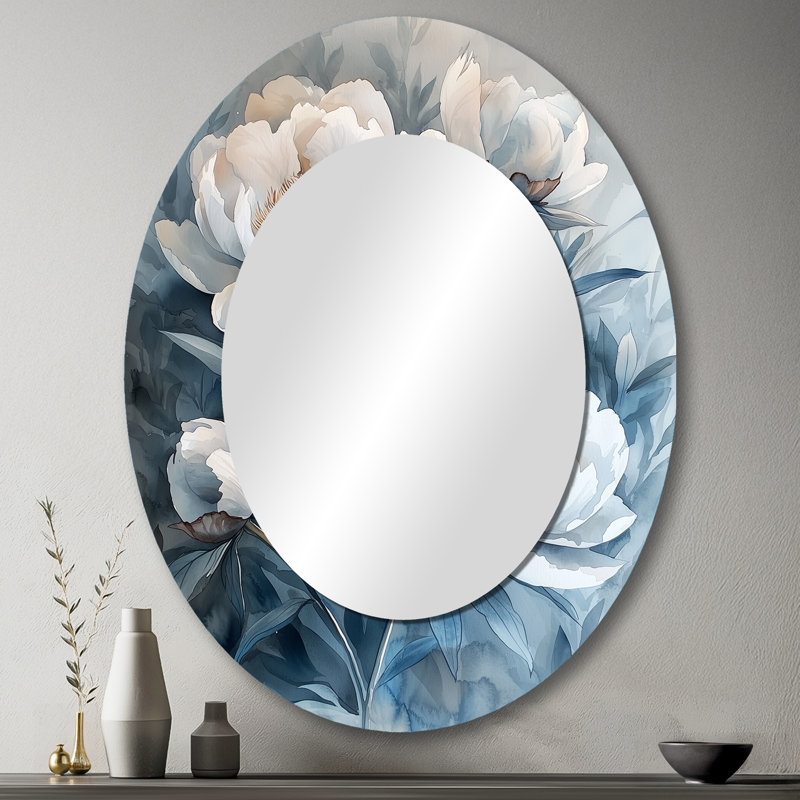 Minimalisme ombre pivoines fleurs I - miroir mural ovale blanc, 43 po x 33 po