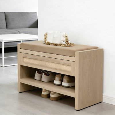 Boho Farmhouse Rattan Shoe Bench With Drawer