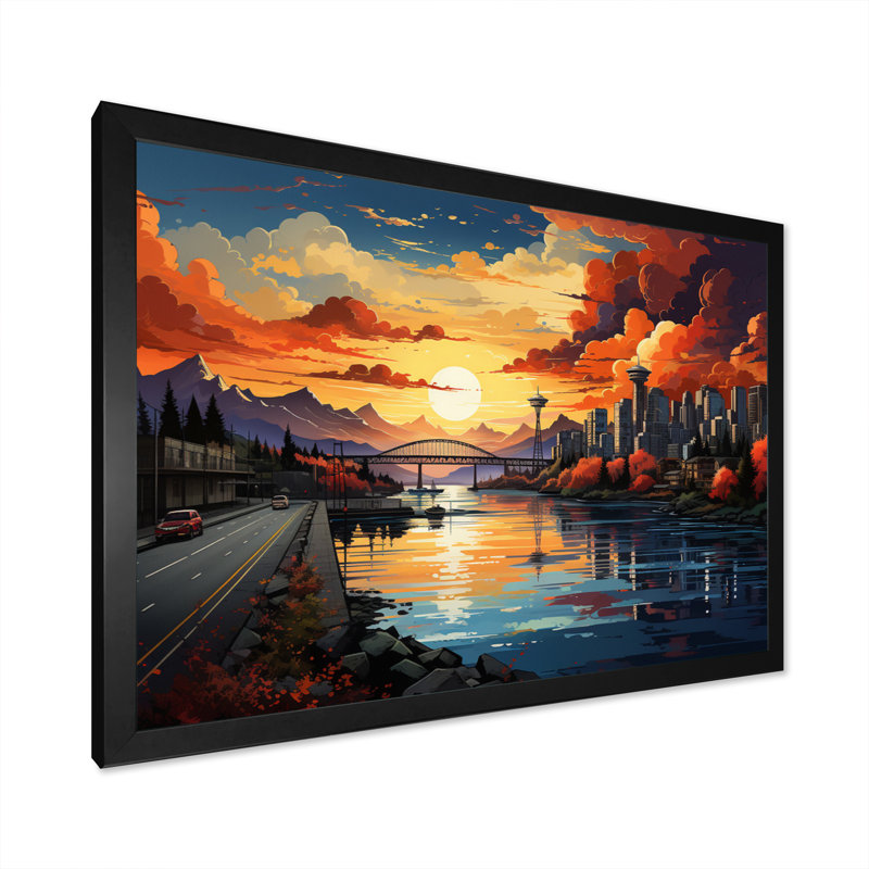 City Vancouver Sunset Popart, reproduction d'art sur toile, H 30 po x l 40 po x P 1,5 po, Cadre simple noir