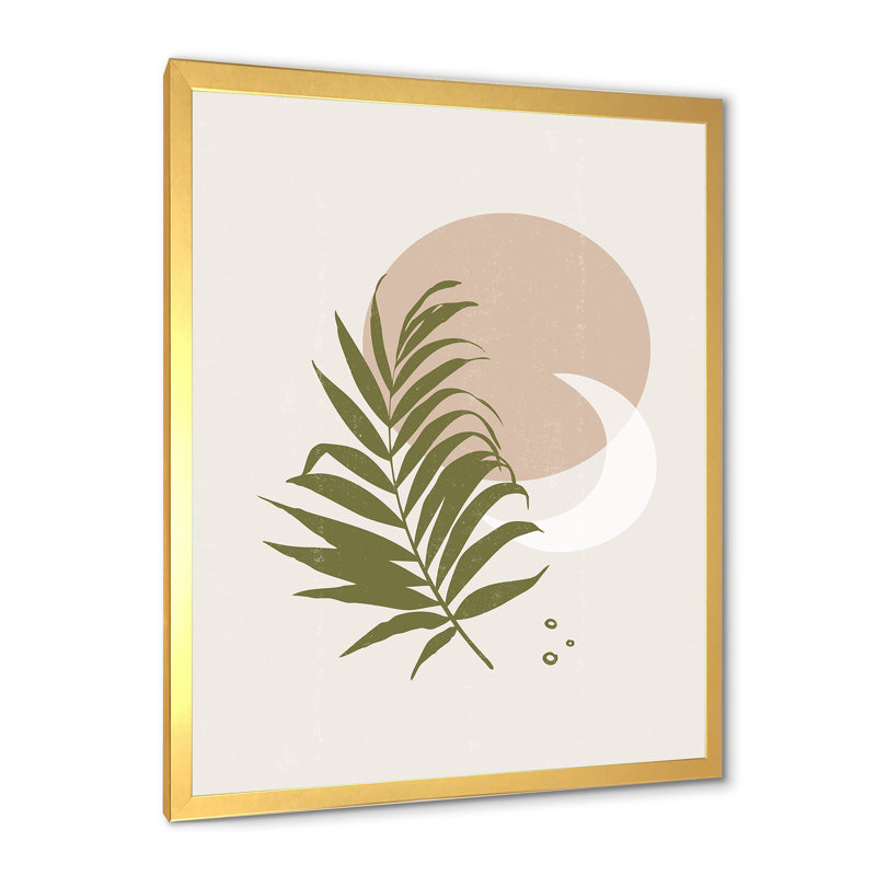 Abstrait soleil et lune avec feuille verte II - impression sur toile, H 32 po x l 24 po x 1,5 po, Toile encadrée d'or