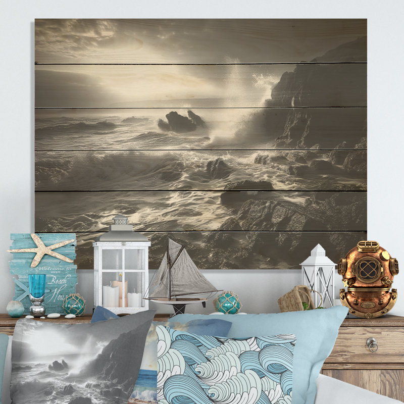 Paysage de plage rocheuse - art en bois océanique sur bois de pin naturel, H 10 po x l 20 po