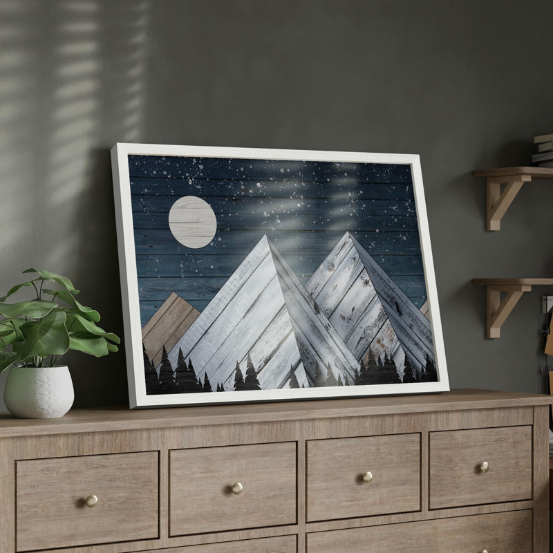 Montagnes bleues en bois sous les étoiles, Illustration moderne, petit décor, œuvre d'art moderne, Blanc, H 12 po x l 16 po
