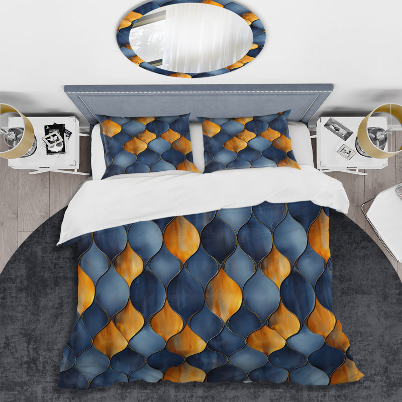 Ensemble de housse de couette moderne Blue Gold Ogee Patten I, Housse de couette simple et deux taies décorative