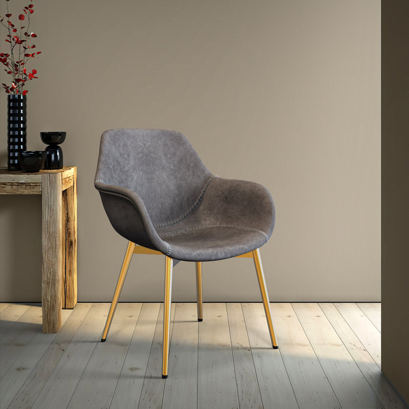 Matthew Leather Dining Chair, Modern Mid Century Accent Chair with Armrests and Iron Legs, Faux Leather Upholstered Kitchen Desk Chair for Dining Room, Living Room, Office Furniture