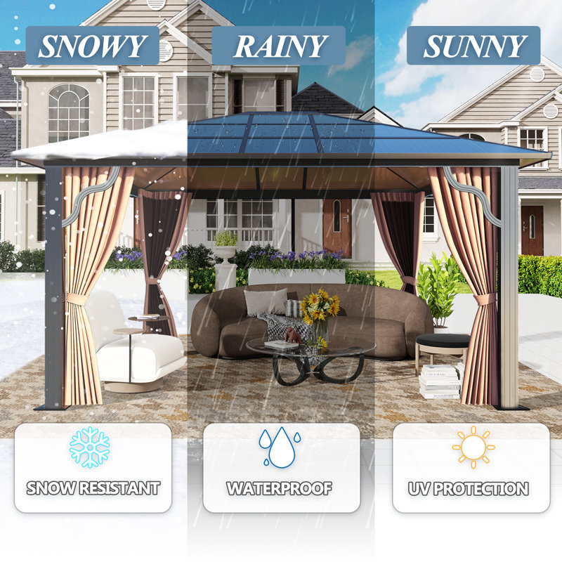 Patio Hardtop Steel Gazebo with Polycarbonate Roof, Curtains and Netting, 10 Ft. W x 12 Ft. D