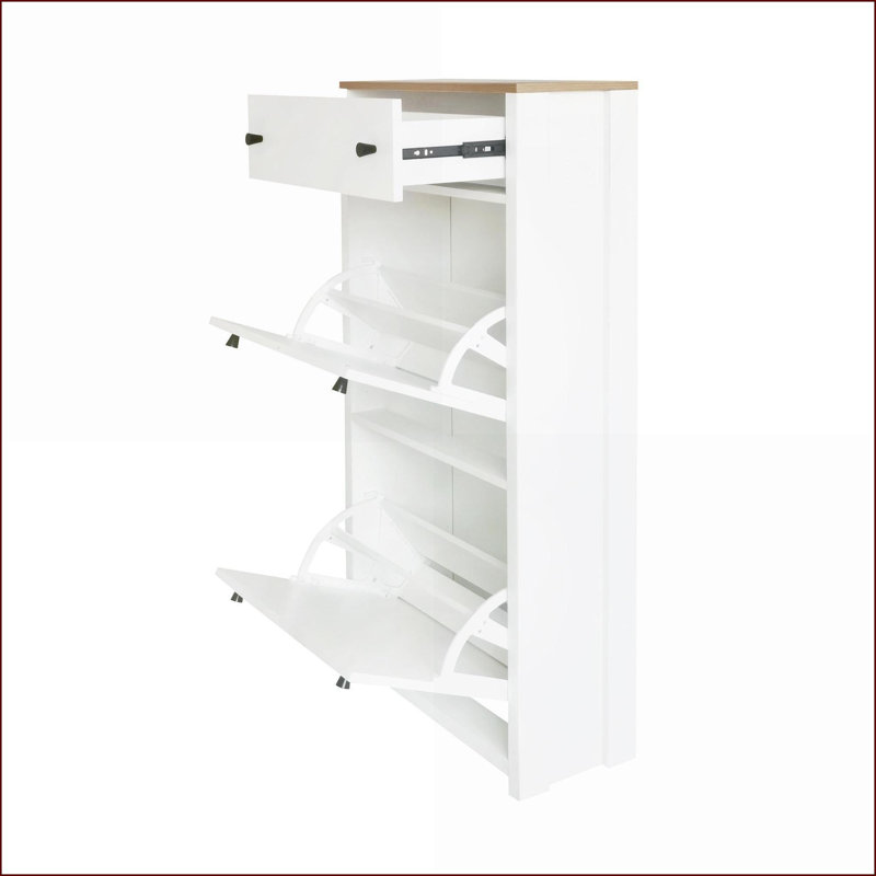 Armoires à chaussures avec panneaux réglables 3 tiroirs, capacité de 12 paires, blanc cassé et amp; Grain de bois, contemporain | Couloir