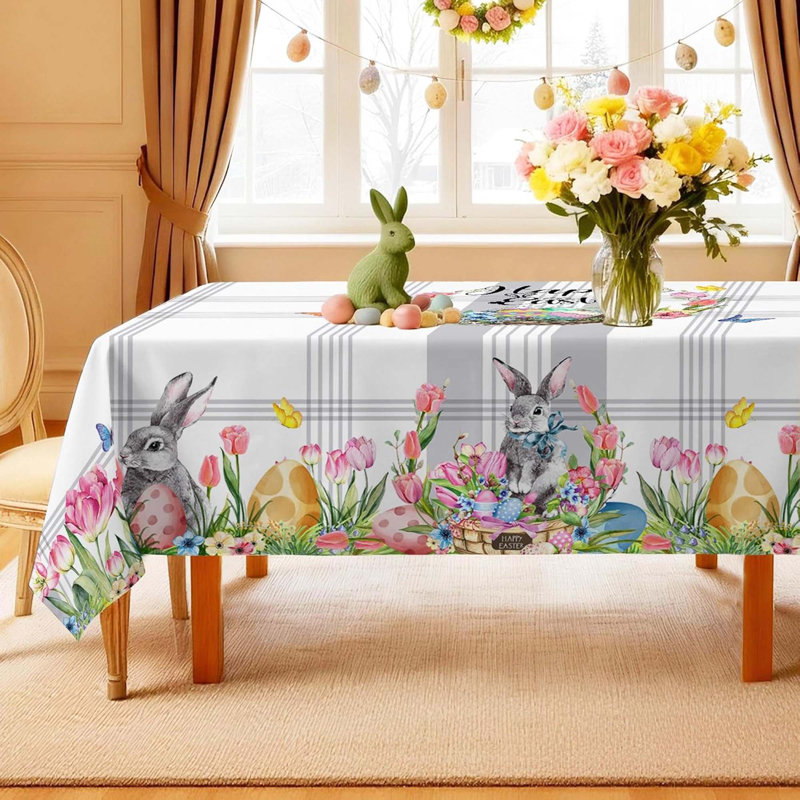 Easter Rectangle Tablecloth, Bunny Eggs Truck Print, 60 X 84 Inch, Reusable Table Cover For Party Home Dining Decor