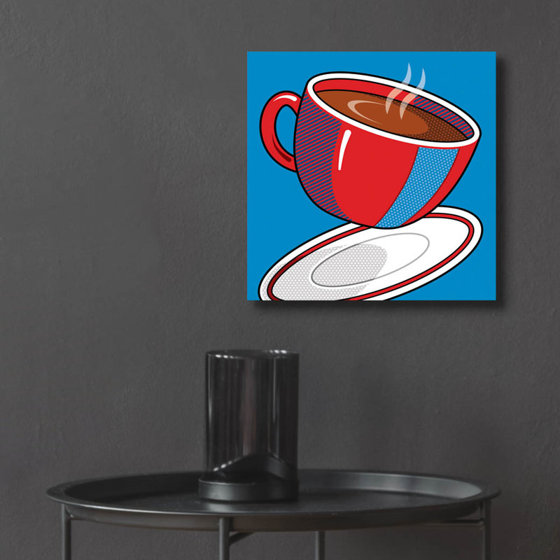 «Red Coffee Cup On Blue» par Ron Magnes, H 12 po x l 12 po x P 0,13 po