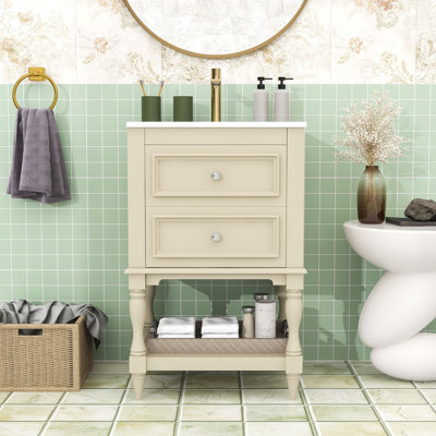 Meuble-lavabo rétro de 20 pouces avec lavabo en céramique, 2 tiroirs et tablette ouverte