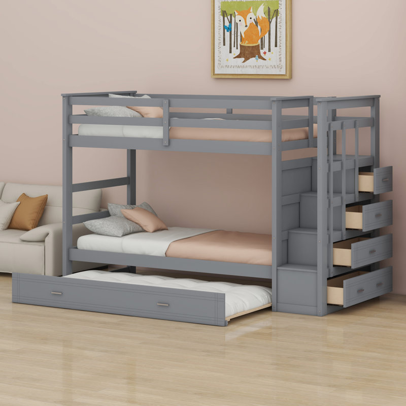 Bunk Bed With Trundle And Staircase, Gray